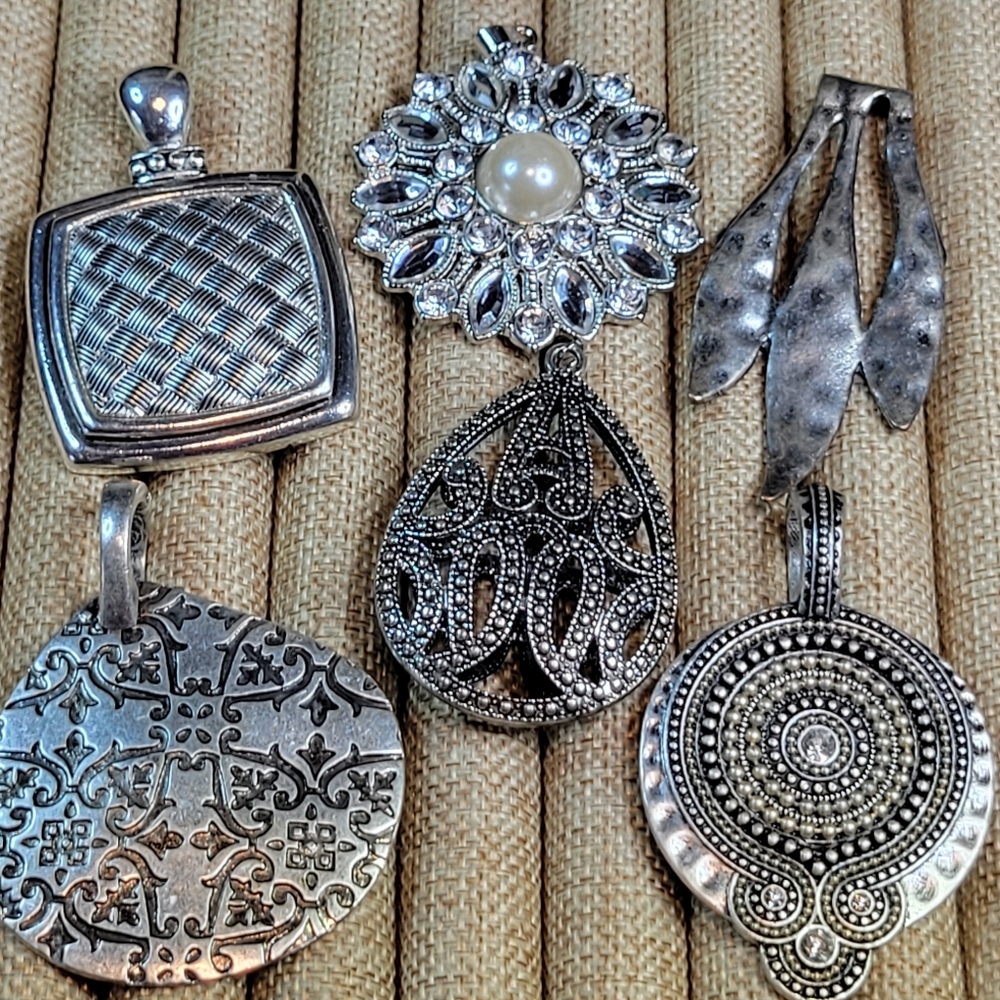 Rhinestone & Antique Silver Tone Jewelry Lot 3 Pendants and 3 Pendant Enhancers